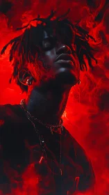 Smoke-crowned dreamer rises through neon crimson haze