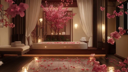 Zen spa suite with sunken bath and blooming cherry blossoms