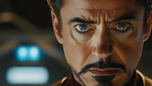 Intense close-up of determined tech hero in soft light.