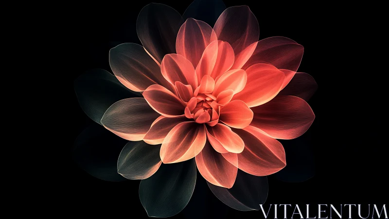 Luminous Coral Dahlia Flower Against Black Background.