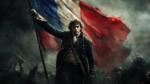 Storm-lit rebel holding a tattered tricolor flag high.