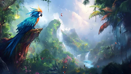 Vibrant blue macaw on mossy cliff above misty jungle waterfalls