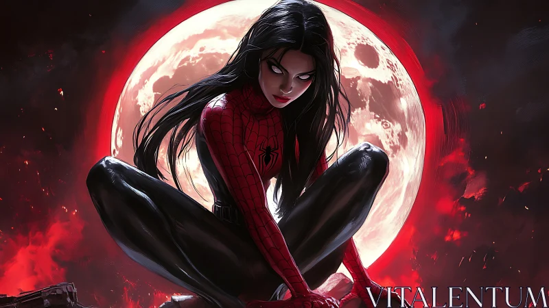 Female spider-suited figure crouching before full moon.