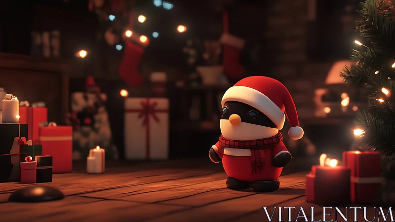 Cozy Christmas penguin mascot amid glowing gift boxes.