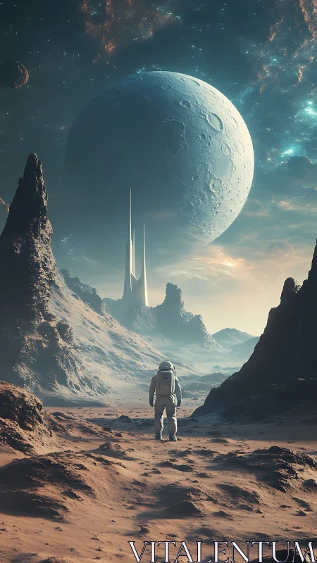 Solitary astronaut approaches alien spire beneath massive cratered moon