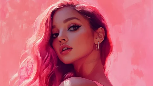 Digital portrait of young woman with vivid pink hair.