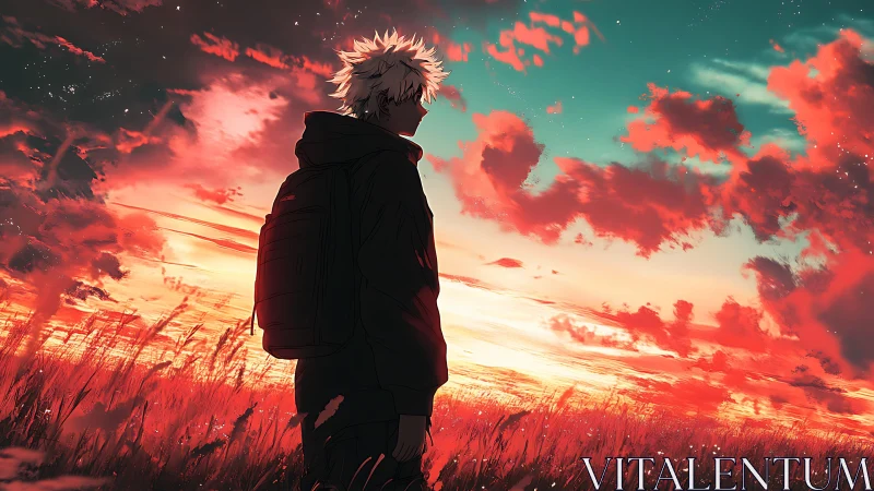 Silhouetted traveler studies a chromatic anime sunset horizon