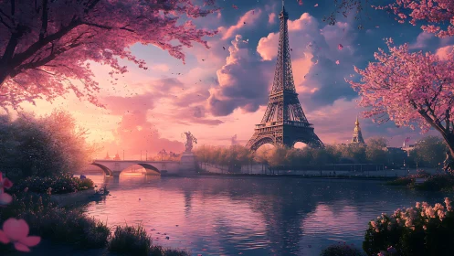 Paris riverfront at sunset with Eiffel Tower and blossoms.