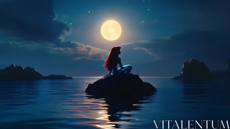 Backlit mermaid silhouette on moonlit ocean with reflective caustics