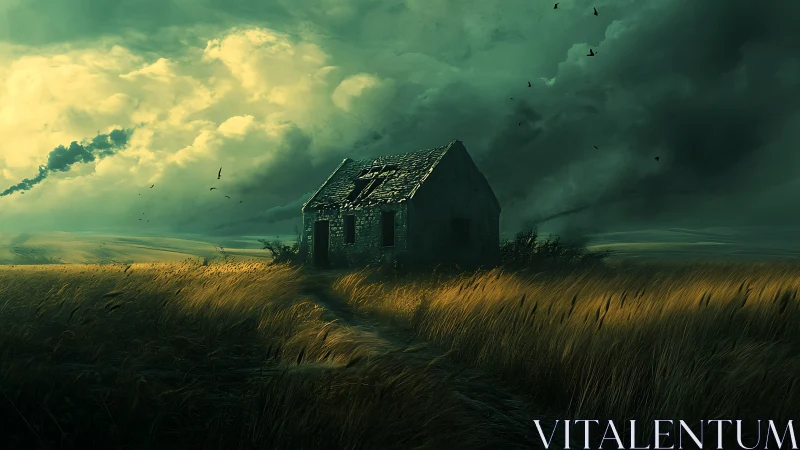 Storm-lit abandoned cottage amid wind-swept wheat field under clouds