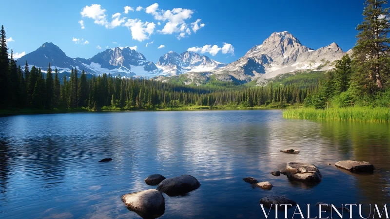 Serene alpine lake mirroring snowcapped mountains at noon.