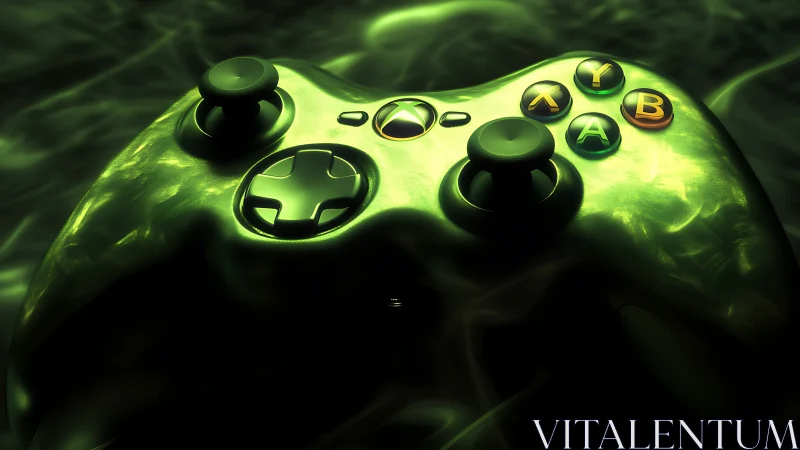 Glowing green game controller rests in swirling neon haze.