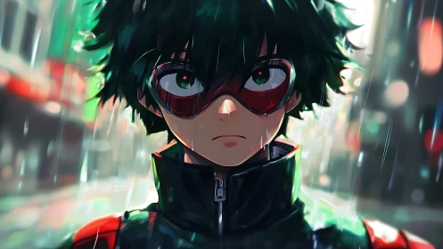 Rain-soaked masked teen hero under cinematic urban bokeh.