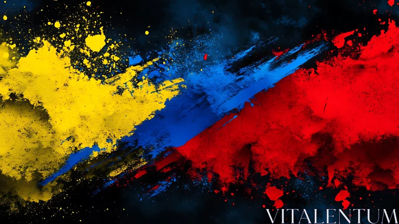 Vibrant splashes of yellow, blue and red collide on black