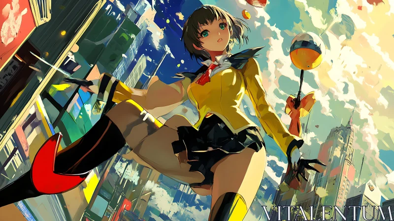 Anime girl in urban skyline with dynamic low perspective.