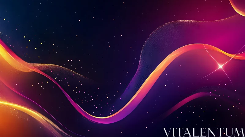 Vibrant neon light waves on deep starry gradient background.