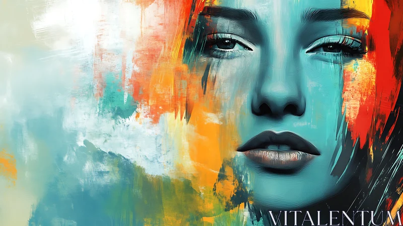 Digital portrait of female face amid abstract color fields.