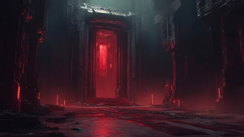 Monolithic red portal chamber in volumetric sci fi ruins.