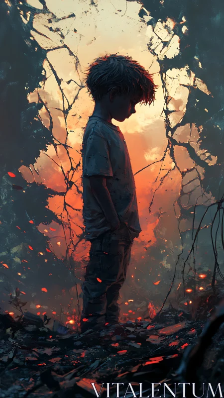 Backlit child silhouette amid fractured ember-lit aperture.