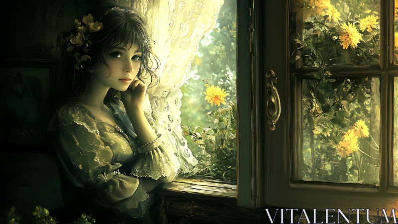 Young woman stands by lace curtained window with flowers