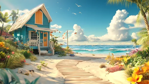 Tropical beach cottage with turquoise walls and vibrant coastal landscape