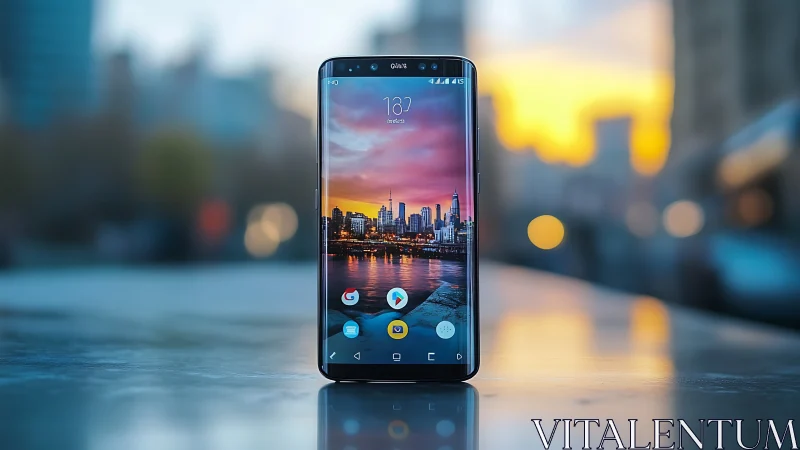 Smartphone with urban skyline cityscape wallpaper display.