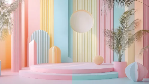 Soft pastel stage with playful shapes and dreamy palms.