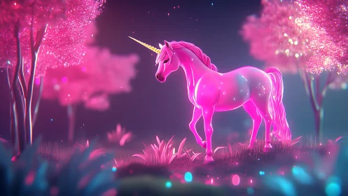 Glowing pink unicorn in neon fantasy forest at night.