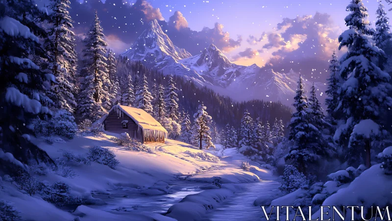 Snowy mountain cabin beside a winter forest stream.