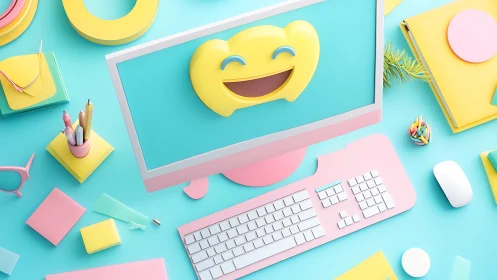 Playful pastel desktop with 3D smiley interface display.