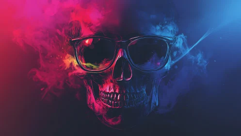 Neon-lit skull in sunglasses amid split red blue smoke.