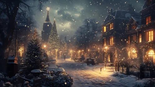 Nocturnal winter streetscape with luminous festive volumetrics.
