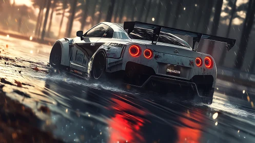Widebody Nissan GT-R drifts through wet forest road at dusk