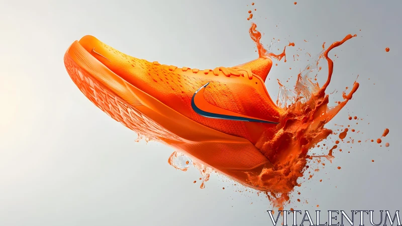 Vibrant orange athletic sneaker in dynamic splash art style.