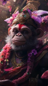 Regal monkey deity adorned with flowers and golden finery.
