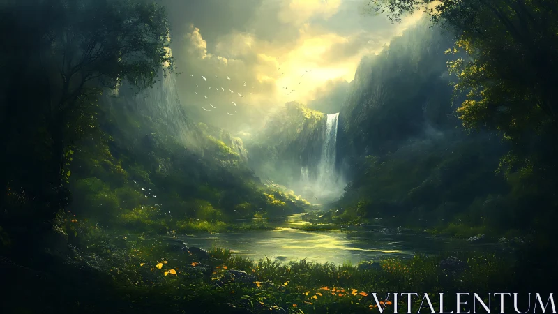 Hidden Canyon Waterfall Sanctuary Bathed in Golden Sunlight