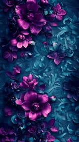 Neon Floral Baroque: Magenta Blooms on Teal Ornament.