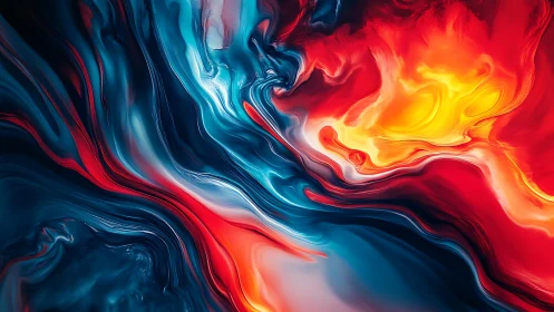 Fluid chromatic turbulence contrasts neon cyan and ember reds