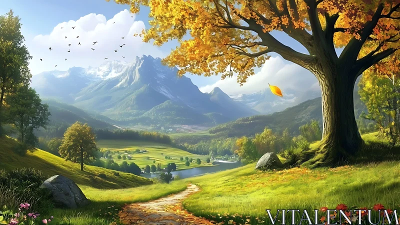 Sunny mountain valley with autumn tree and winding path.