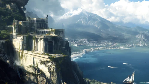 Coastal stone fortress complex overlooks bay and mountains