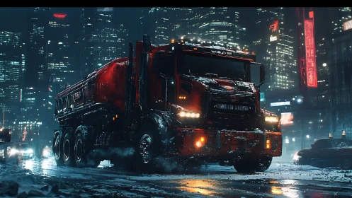 Cyberpunk freight truck rumbles through neon winter streets.