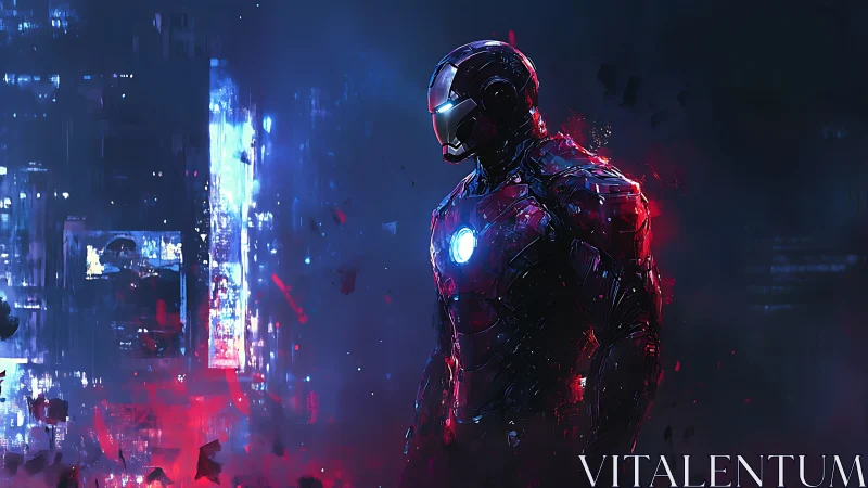 Armored exosuit silhouette in neon blue and red urban haze