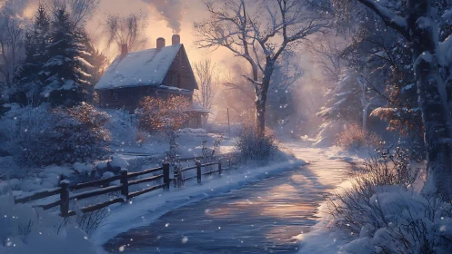 Snowy country house beside frozen winter road at dusk.