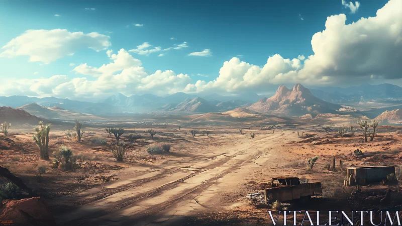 Digital desert panorama with ruined road and distant mesas.