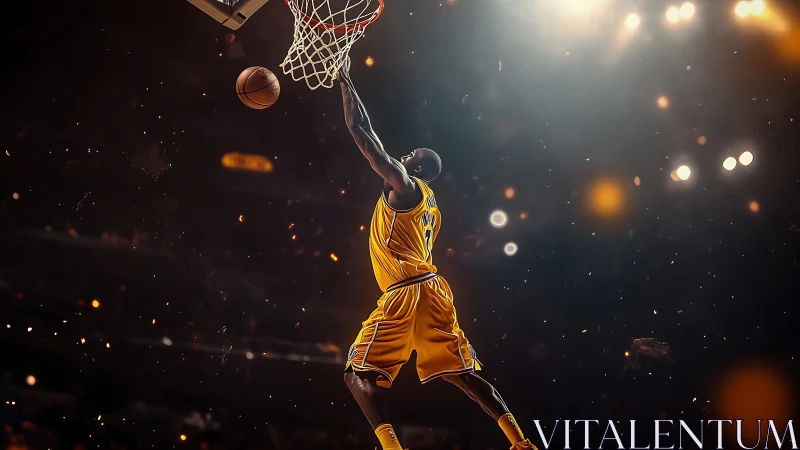 Soaring basketball player glides toward a powerful slam dunk