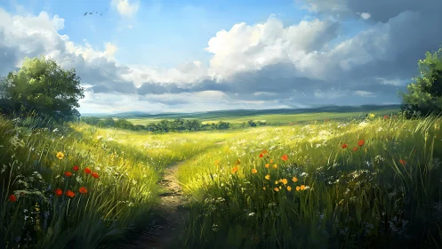 Sunlit country path curves through wildflower summer meadow