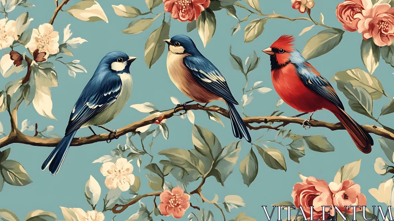 Vibrant Songbirds on Blossom Branches in Vintage Art Style.