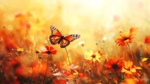 Monarch butterfly over glowing orange wildflower meadow.