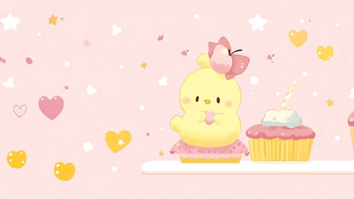 Adorable Yellow Chick with Sweet Cupcake Friends.