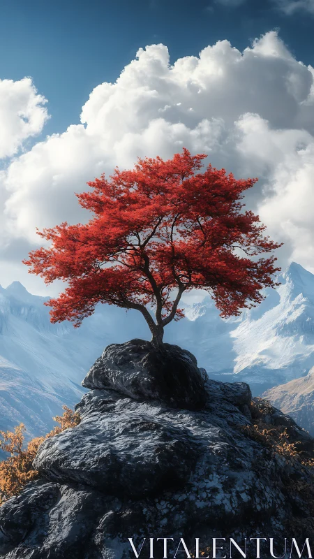 Solitary crimson tree crowns a rugged alpine rock peak